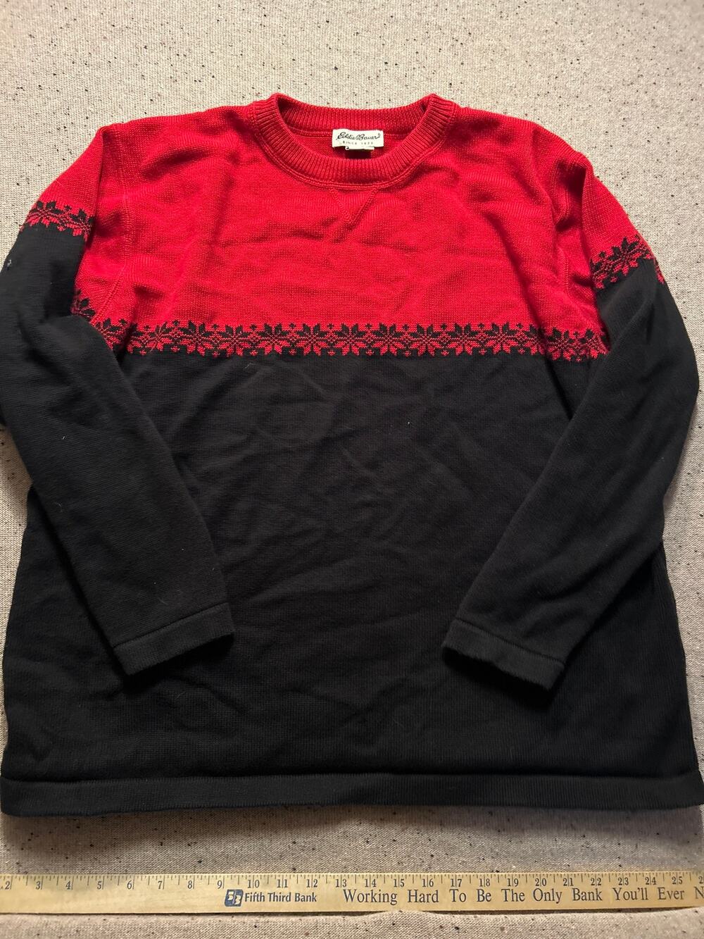 Eddie Bauer Snowflake Sweater Black Red XL Men's Nordic Lodge Cotton